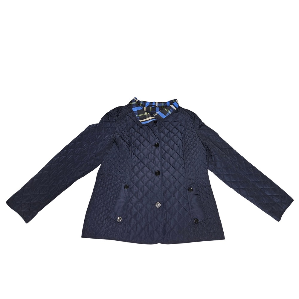 Liz Claiborne Women's Navy Blue Quilted Jacket Plaid Trim Button Front Coat XL - Picture 1 of 13